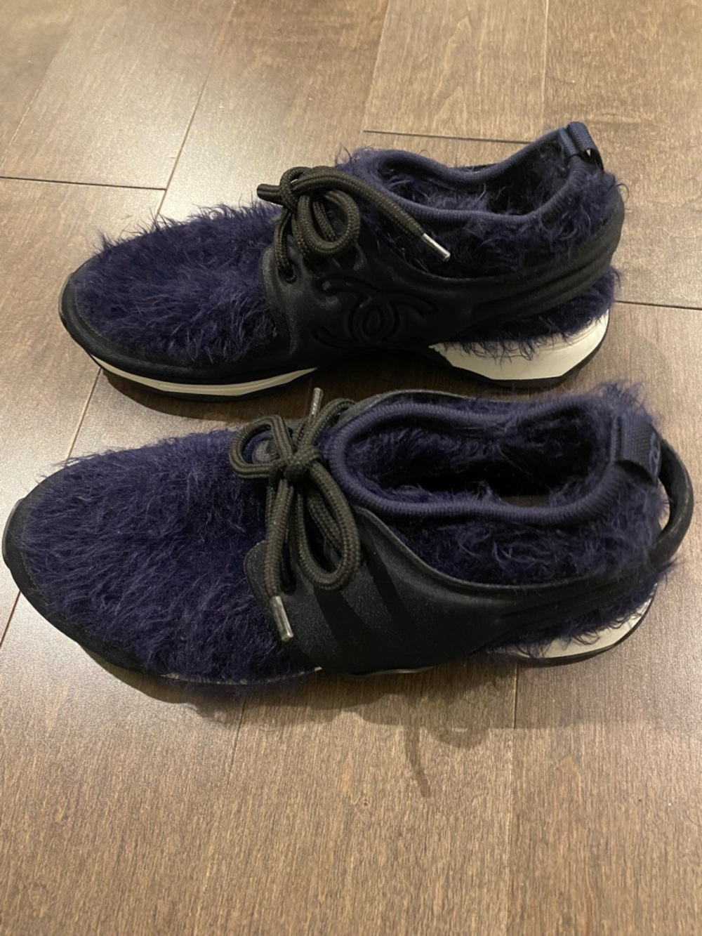 CHANEL Navy Fuzzy Lace-Up Sneakers - Picture 2 of 9
